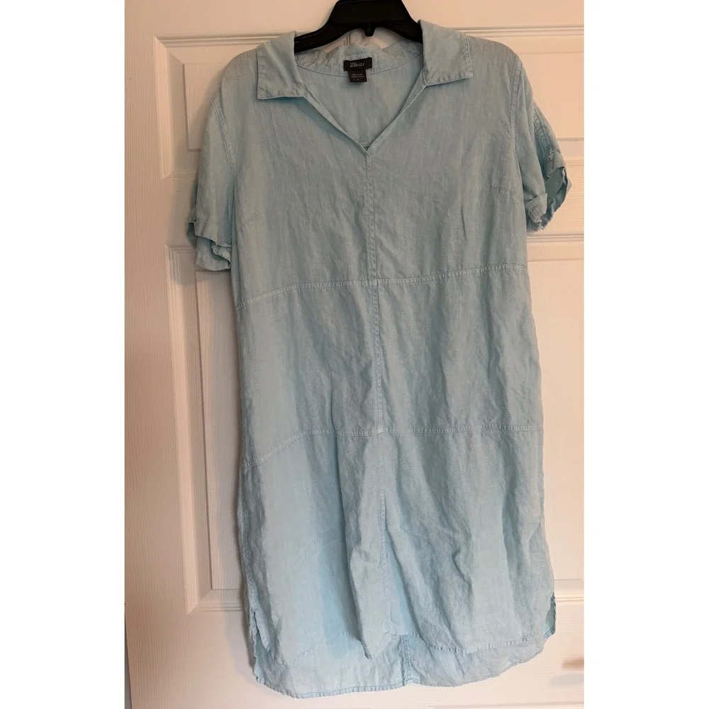 Pure Amici Light Blue 100% Linen Short Sleeve V-Neck Shift Dress L